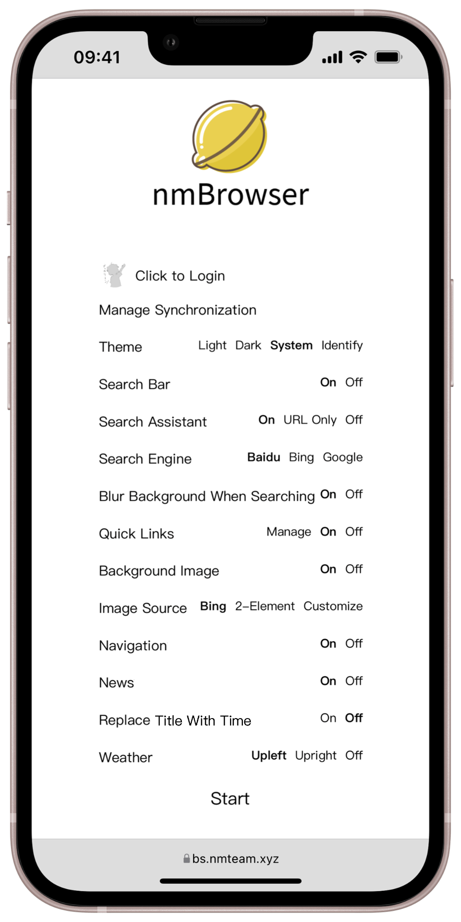 nmBrowser StartPage has a wealth of settings