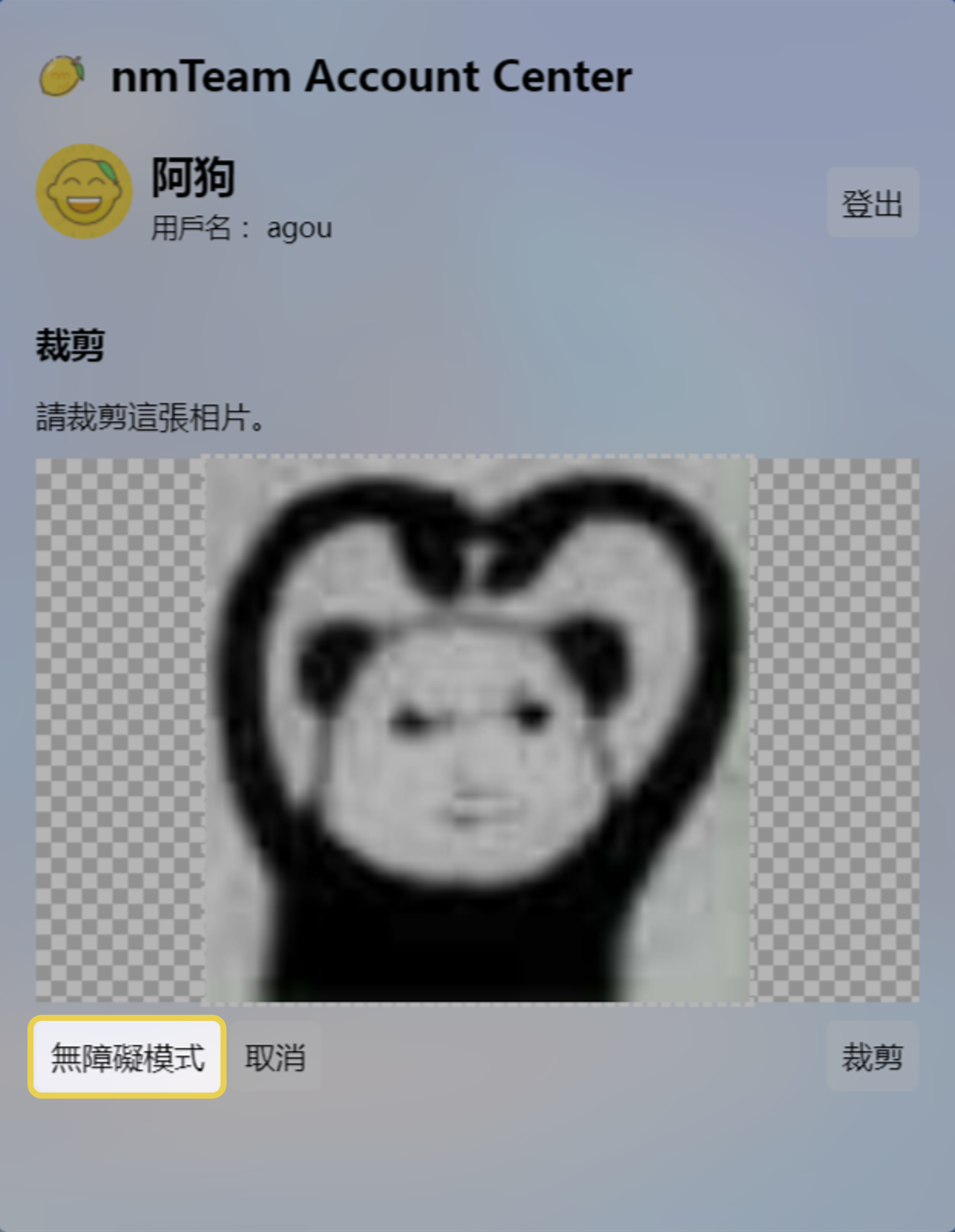 在 nmTeam Account Center 裁剪頭像時，不便使用鼠標的用戶可以使用鍵盤按鍵操作。